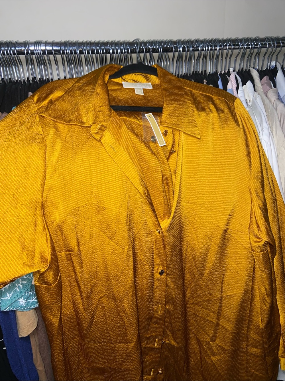 Satin Button-Up Shirt in Mustard Yellow